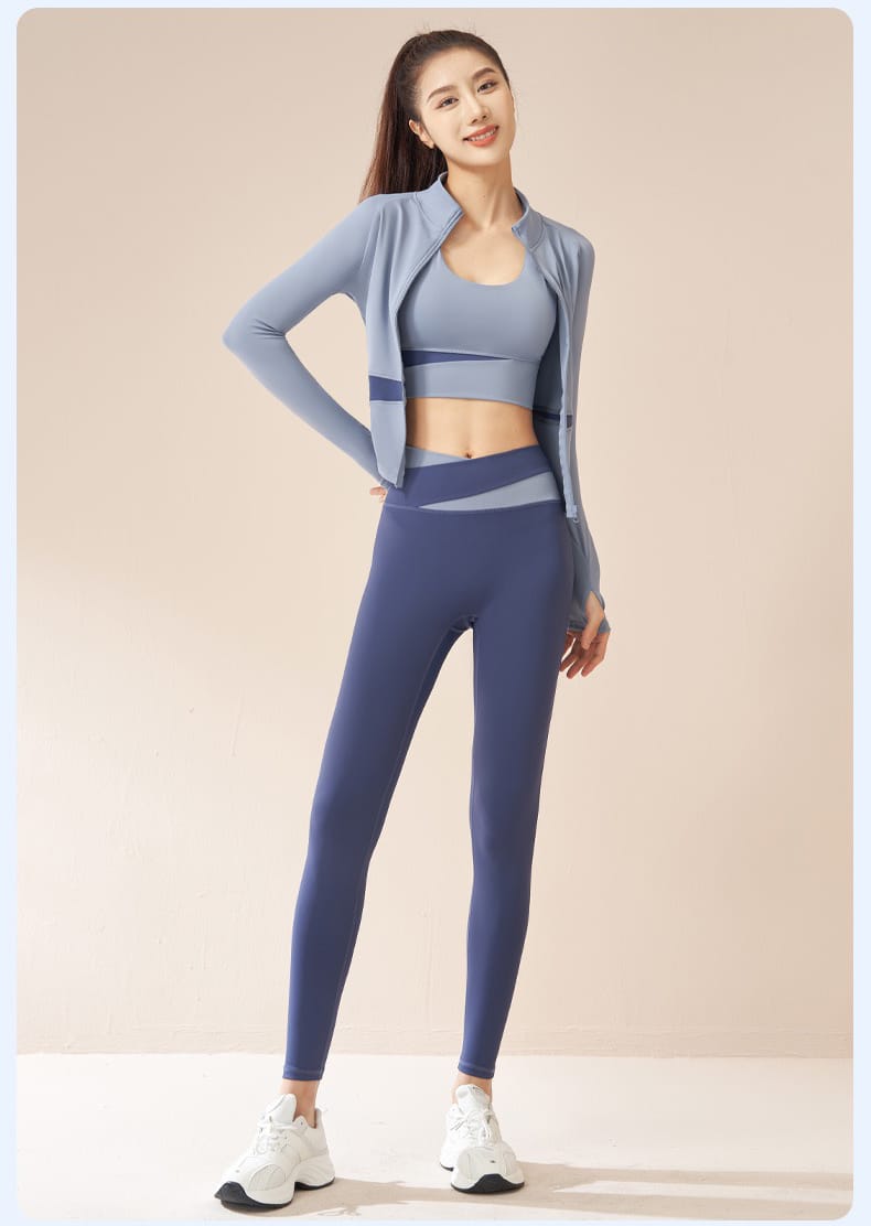 Gray Aligned Jacket & Sport Bra with Blue Legging 3 Pieces Set