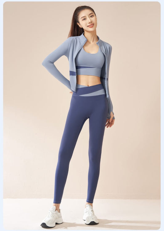Gray Aligned Jacket & Sport Bra with Blue Legging 3 Pieces Set