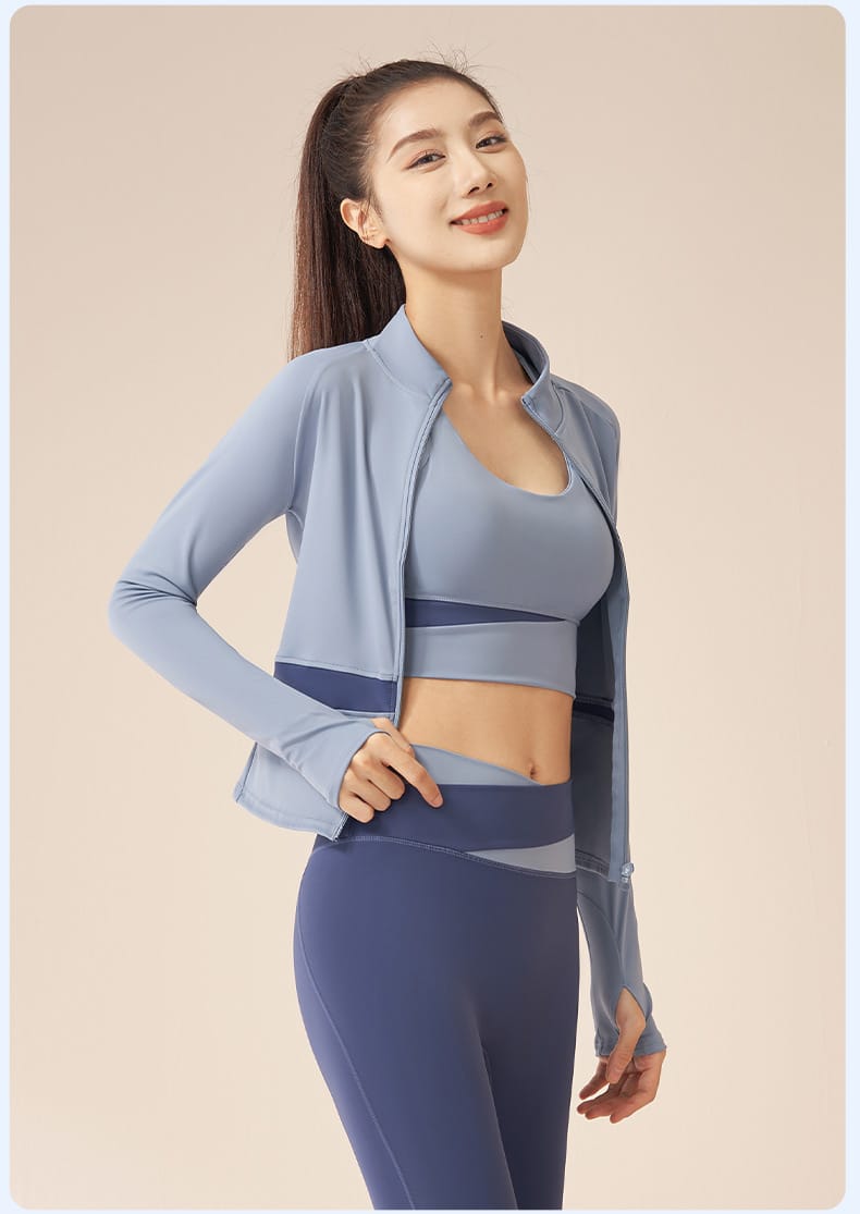 Gray Aligned Jacket & Sport Bra with Blue Legging 3 Pieces Set