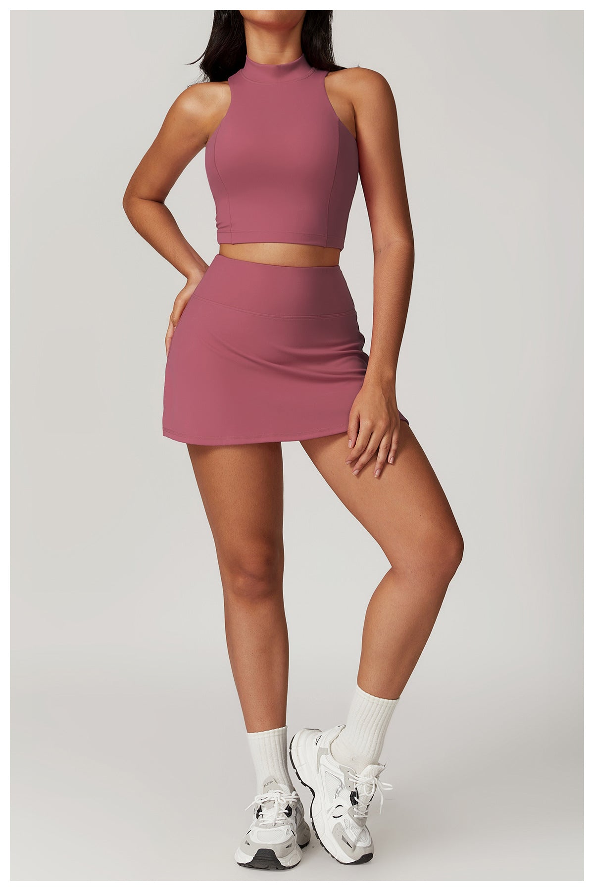 Dark Pink High Neck Crop Top With High Wasted Tennis Skirt
