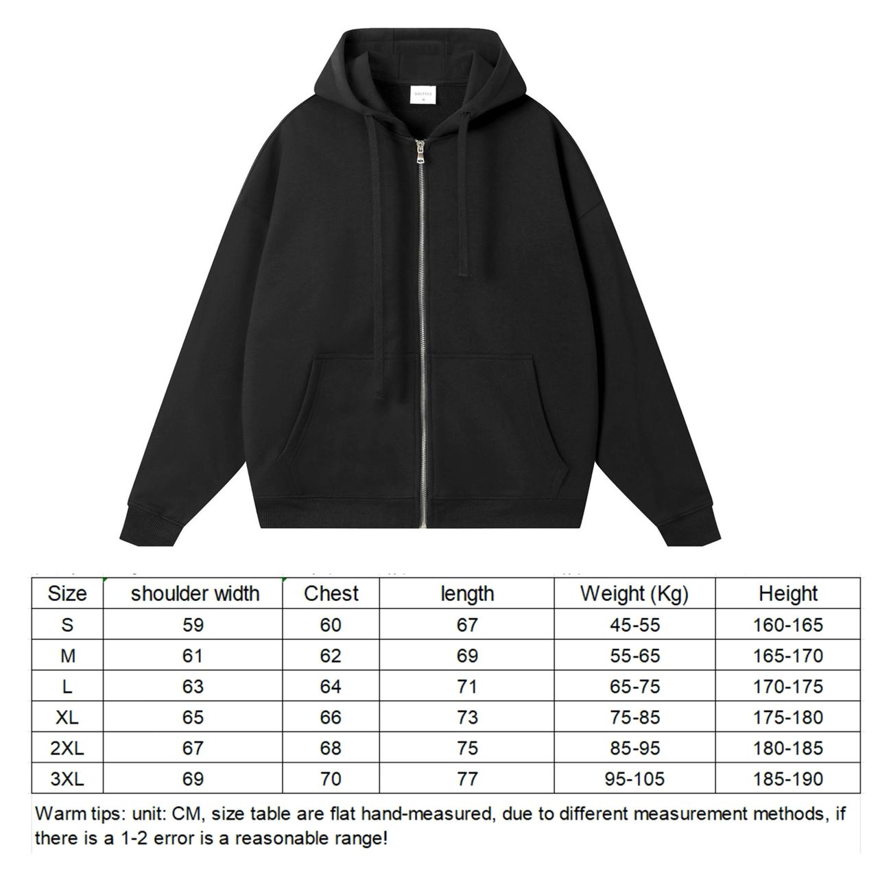 Black Zip Up Hoodies Sweatshirt Fleece Jackets