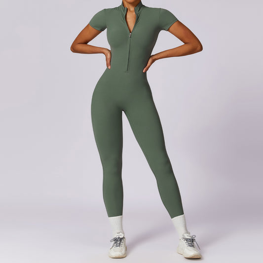 Olive Short Sleeve Zipper Jumpsuit