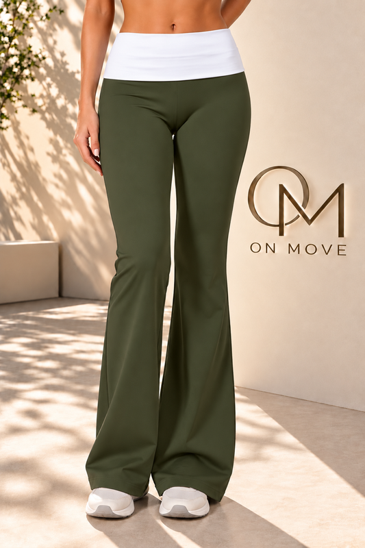 Two-Tone Flare Leggings – Olive Green & White