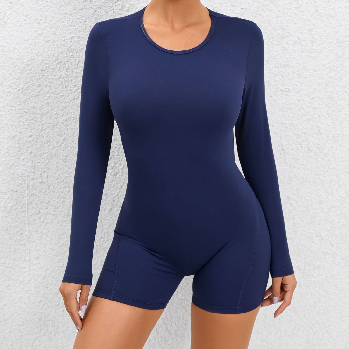 Navy Blue Open Back Long Sleeve Romper