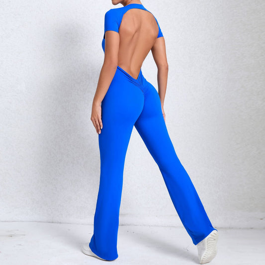 Royal Blue Neck Backless Scrunch Butt Flare Jumpsuit