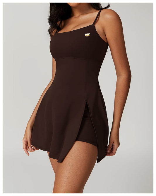 Brown Square Neck  Spaghetti Straps Tennis Dress with short