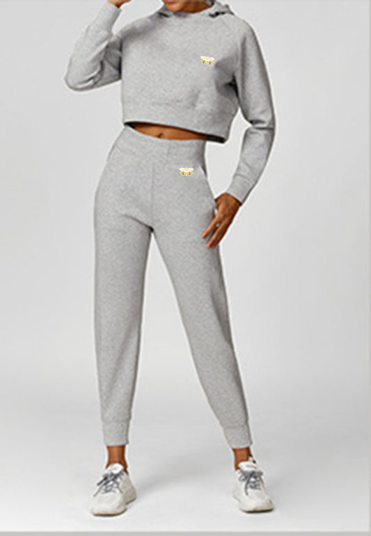 Gray Two Piece Tracksuit Set Long Sleeve Cropped Hoodie with Jogger