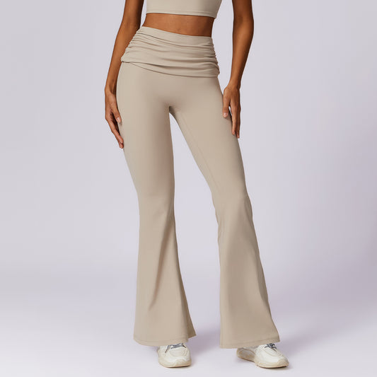 Khaki Asymmetric Fold-Over Waistband Flare Leggings