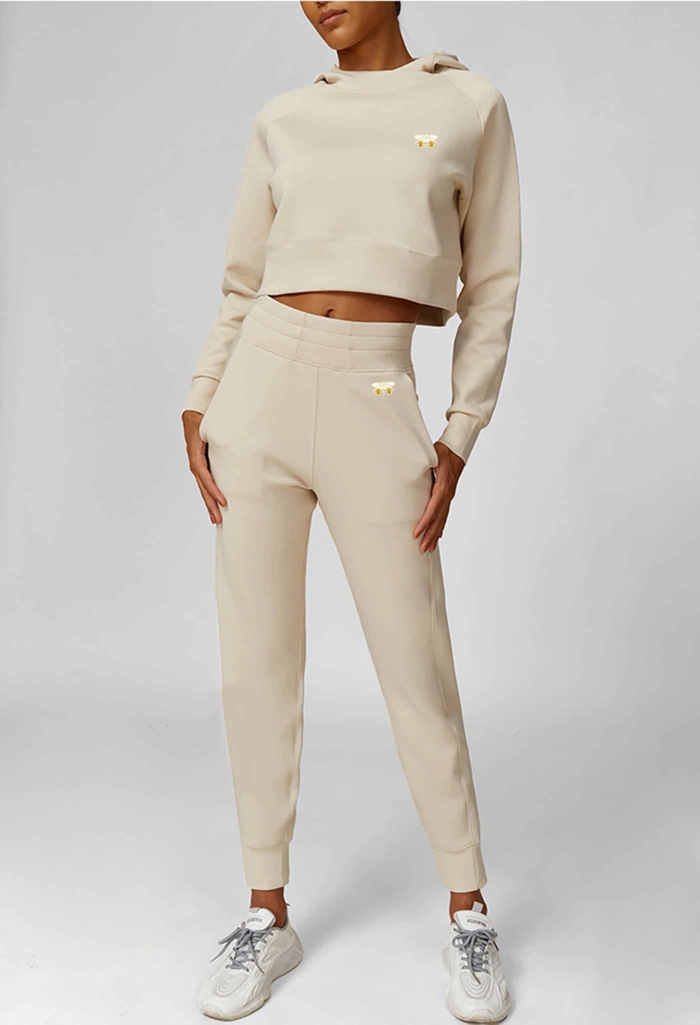 Beige Two Piece Tracksuit Set Long Sleeve Cropped Hoodie with Jogger