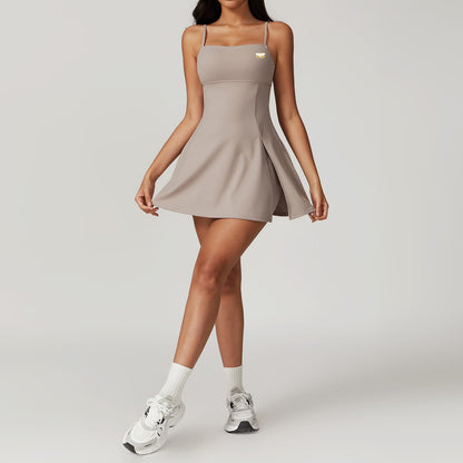 Tan square neck Tennis Dress With Shorts Spaghetti straps