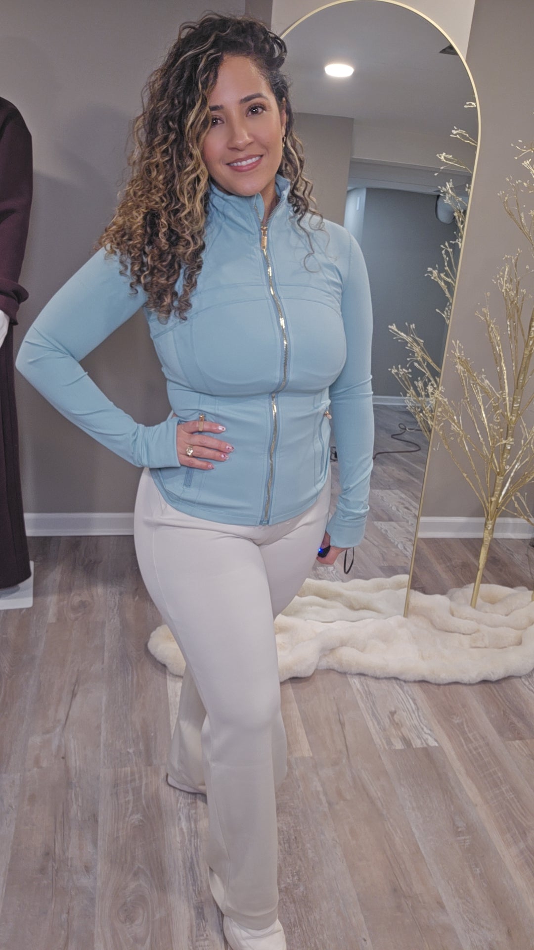 Beige Stretch Knit Straight-Leg Pull-On Pant