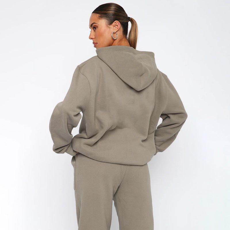 Khaki Gray 2 Pieces Set Fleece Oversized Hoodies and Sweatpants Jogger