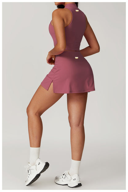 Dark Pink High Neck Crop Top With High Wasted Tennis Skirt