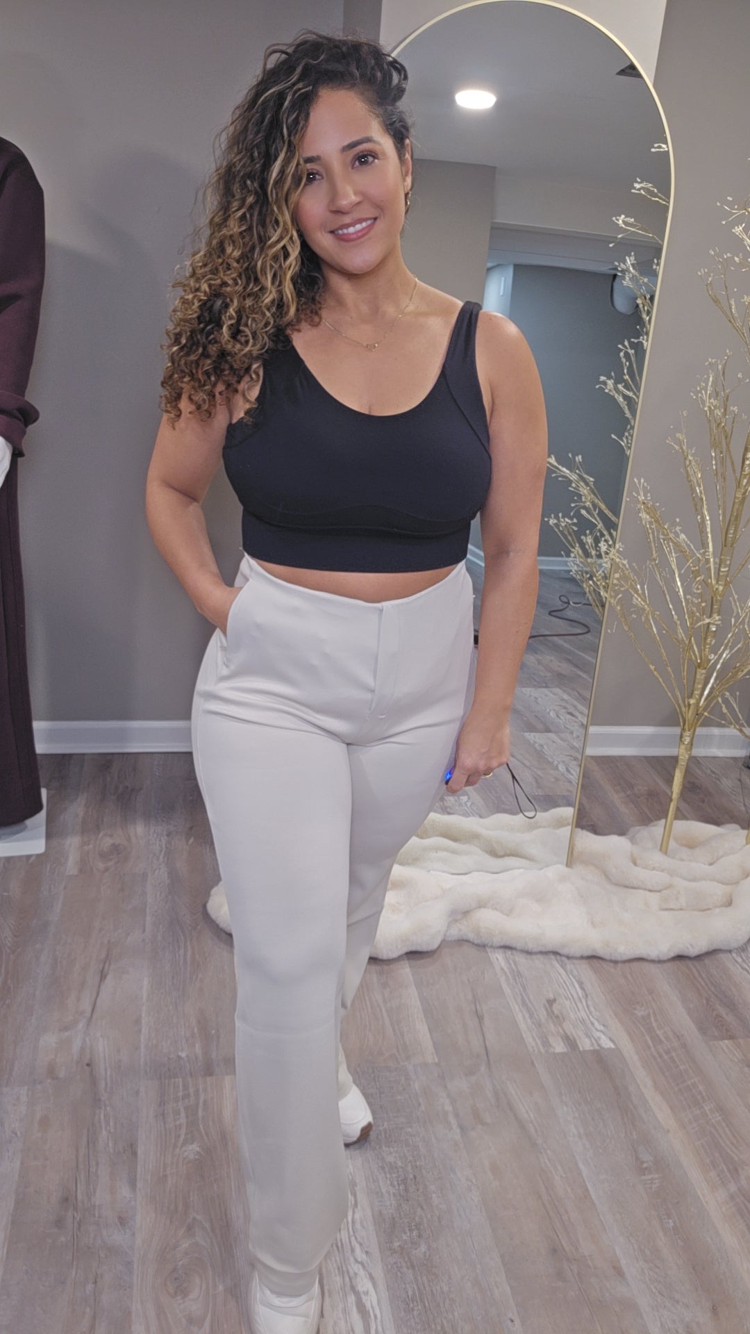 Beige Stretch Knit Straight-Leg Pull-On Pant