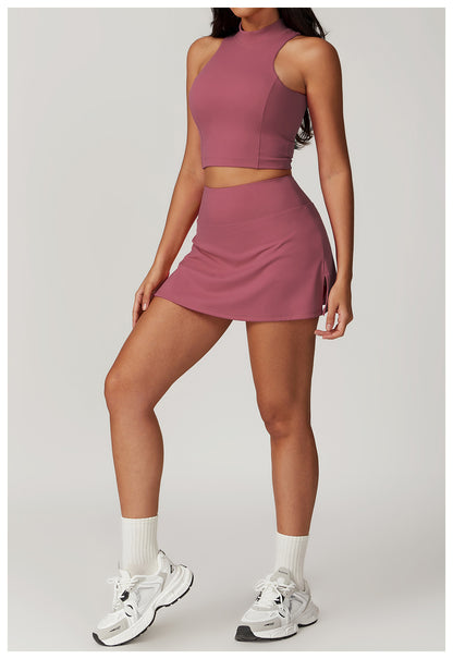 Dark Pink High Neck Crop Top With High Wasted Tennis Skirt