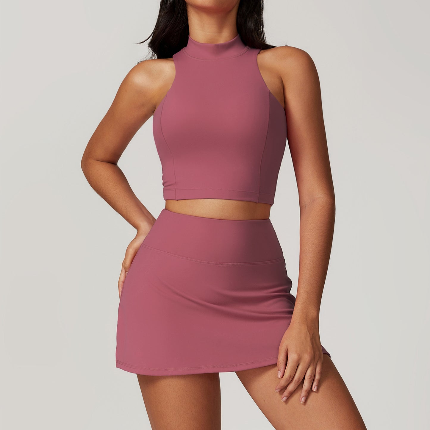 Dark Pink High Neck Crop Top With High Wasted Tennis Skirt