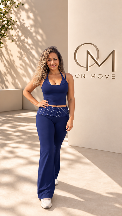 Navy Blue Rhinestone Detail Wide Leg Pant Set