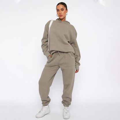 Khaki Gray 2 Pieces Set Fleece Oversized Hoodies and Sweatpants Jogger